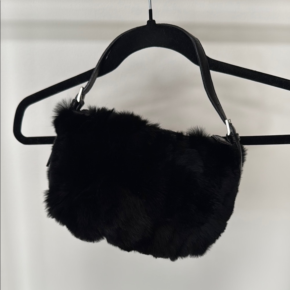 Luxurious Black Genuine rabbit Fur and leather Shoulder Bag